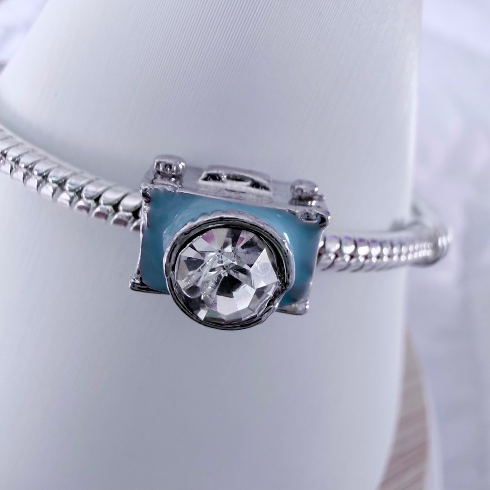 Silver Camera Bead Charm Blue Enamel Crystal Fits Snake Chain Bracelet - Picture 6 of 9